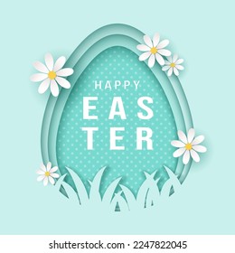 Easter egg shaped frame in paper cut style. Layered egg shaped frame with grass and white flowers.