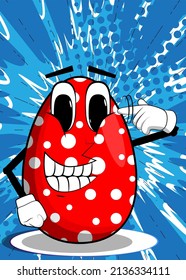 Easter Egg shows a you're nuts gesture by twisting his finger around his temple. Cartoon character with funny face for the Easter holiday.
