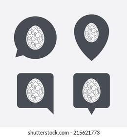 Easter egg sign icon. Easter tradition symbol. Map pointers information buttons. Speech bubbles with icons. Vector