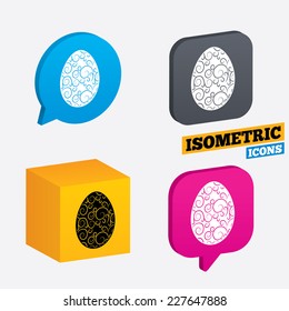 Easter egg sign icon. Easter tradition symbol. Isometric speech bubbles and cube. Rotated icons with edges. Vector