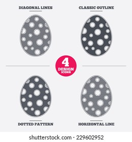 Easter egg sign icon. Easter tradition symbol. Diagonal and horizontal lines, classic outline, dotted texture. Pattern design icons.  Vector