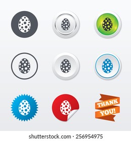 Easter egg sign icon. Easter tradition symbol. Circle concept buttons. Metal edging. Star and label sticker. Vector