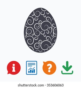 Easter egg sign icon. Easter tradition symbol. Information think bubble, question mark, download and report.