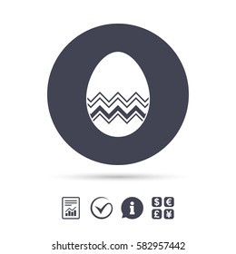 Easter egg sign icon. Easter tradition symbol. Report document, information and check tick icons. Currency exchange. Vector