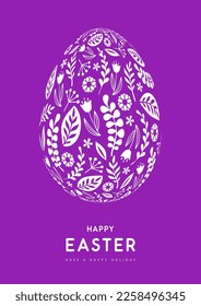 Easter egg silhouette with floral ornament on violet background. Happy Easter holiday background. Greeting card or poster. Vector illustration