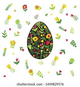 Easter Egg silhouette-  flowers, easter element, card template white isolated