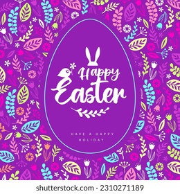 Easter egg silhouette on decorative floral ornament. Happy Easter holiday background. Greeting card or poster. Vector illustration