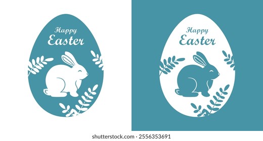 Easter egg silhouette with rabbit or cute bunny and Happy Easter isolated on white. Monochrome painted egg, stencil style, paper cutting effect. Vector clipart for holiday design and print.