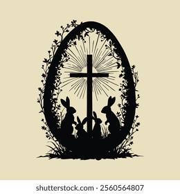 Easter Egg Silhouette Vector with Bunny Cross and Floral Eclipse Design