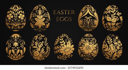 Easter egg silhouettes. Golden decorative eggs with traditional floral patterns. Happy easter painted eggs with flower decorations for hunting celebrations, spring holidays. Vector folk illustration.