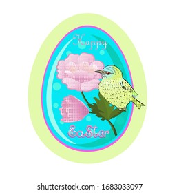 Easter egg with sitting bird and pink flowers and lettering isolated on a white background.
