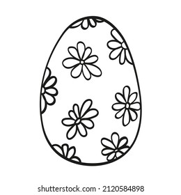 Easter egg sketch isolated on white. Hand drawn black outline in doodle style with daisy flowers pattern. Single vector element for spring holiday design, cute baby print, greeting card.