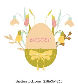 Easter egg with snowdrops flowers and a bow tie 