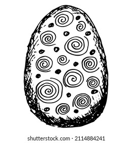 Easter egg with spiral geometric pattern. Black and white vector rough sketch isolated on transparent background