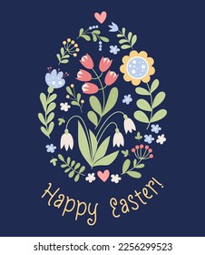 Easter egg from spring decorative flowers and leaves. Festive card Happy Easter. Vector illustration in flat style