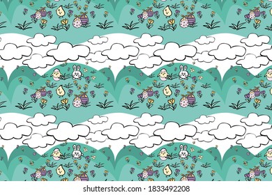 Easter egg spring floral chickens seamless vector pattern illustration