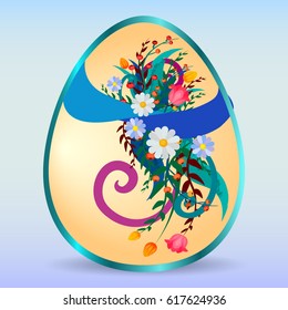 Easter egg with spring flowers and blue ribbons isolated on background. Template for greeting card or invitation.