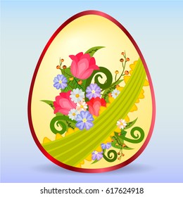 Easter egg with spring flowers and green ribbons isolated on background. Template for greeting card or invitation.
