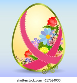 Easter egg with spring flowers and pink ribbons isolated on background. Template for greeting card or invitation.