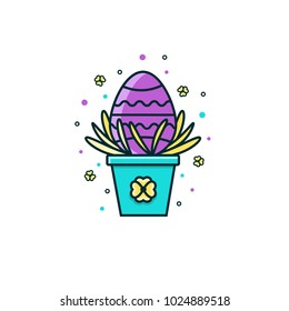 Easter egg standing on the floral pot - flat color line icon on isolated background. Christian original holiday symbol, sign, pictogram for greeting cards and invitations. 