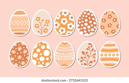 Easter egg sticker set. Print in natural colors for the traditional Easter egg hunt. Vector flat illustration.