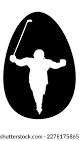 Easter egg. Sticker of a winning hockey player with a stick. Black stencil. Clipart. Isolated element.