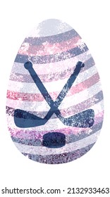 Easter egg with stripes, decorated with crossed hockey sticks with puck. Colorful flat vector illustration. Clipart. Isolated element.