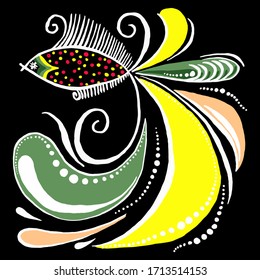 Ostereier-Illustration. Handgezeichneter Fisch aus Vektorgrafik im traditionellen ukrainischen Pysankarismus-Stil einzeln auf schwarzem Hintergrund. Design-Element für Bücher, Zeitschriften, Textilien