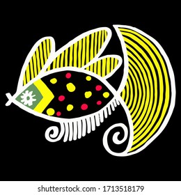 Easter egg style illustration. Vector hand-drawn fish in traditional Ukrainian pysankarism style isolated on black background. Design Element for books, magazines, textiles