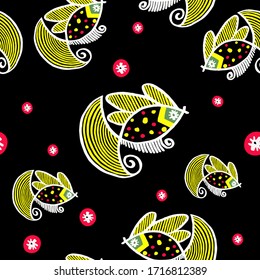 Easter egg style pattern illustration.Vector hand-drawn traditional Ukrainian pysankarism style fish ornament on black background.Seamless background for books, magazines, textiles, wallpaper