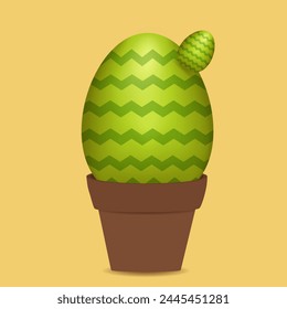 An Easter egg, stylized as a cactus, stands in a brown flower pot on a mustard background. Vector color drawing