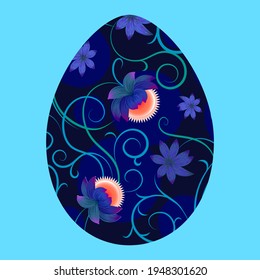Easter egg with stylized flowers on blue background. Greeting card. Spring color vector illustration