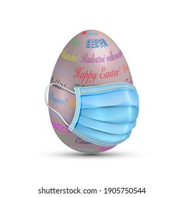 Easter Egg in surgical mask. Colourful 3D egg in protective medical mask vector isolated on white background. Stop virus COVID-19, Easter on quarantine concept