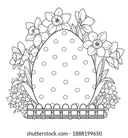 Easter egg surrounded by flowers daffodils and forget-me-nots outlined on white background