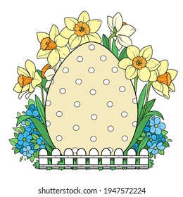 Easter egg surrounded by flowers daffodils and forget-me-nots  color variation for coloring page on white background