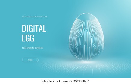 Easter Egg In Tech Futuristic Style. Greeting Card With Abstract 3d Egg With Circuit Board Texture. Glowing Digital Vector Illustration