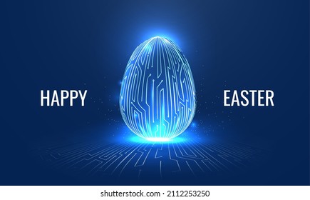 Easter Egg In Tech Futuristic Style. Greeting Card With Abstract 3d Egg With Circuit Board Texture. Glowing Digital Vector Illustration