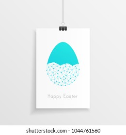 Easter egg with technology design and modern hanging blank paper frame. Happy easter vector illustration of a blue futuristic egg and custom text.