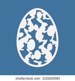 Easter egg, template for laser cutting plotter. Egg shaped decoration with Easter Bunnies. Vector illustration in paper style.