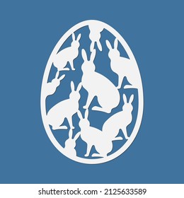 Easter egg, template for laser cutting plotter. Egg shaped decoration with Easter Bunnies. Vector illustration in paper style.