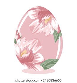 Plantilla de huevo de Pascua pintada con motivos florales, a saber, magnolias rosas abiertas sobre un fondo rosa, para el dibujo, póster o pancarta
