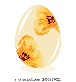 Plantilla de huevo de Pascua pintada con motivos florales, es decir, tulipanes amarillos abiertos sobre un fondo amarillo, para dibujar, para carteles o pancartas