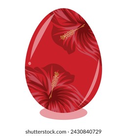 Easter egg template painted with floral motifs, namely open buds of red mallows on a red background, for drawing, for posters or banners