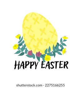 Easter egg with text Happy Easter and bouquet of flowers. Spring holiday greetings concept.  Modern style vector illustration with typography. Template for a postcard, social media post or cover.