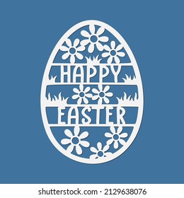 Easter egg with text Happy Easter, template for laser cutting plotter. Decoration in the shape of an egg with bunnies and flowers. Vector illustration in paper style.