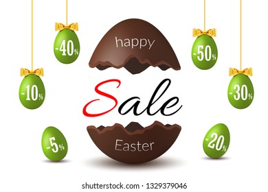 Easter egg text sale. Chocolate Happy Easter egg 3D template isolated white background. Design banner, greeting, promotion, holiday decoration, special offer. Label tag discount Vector illustration