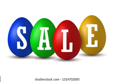 Easter egg text sale. Happy Easter eggs 3D template isolated on white background. Design banner, greeting poster, promotion, holiday decoration, special offer. Label tag discount Vector illustration