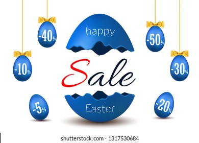 Easter egg text sale. Happy Easter broken egg 3D template isolated white background.1