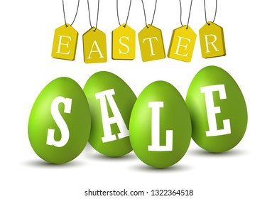 Easter egg text sale. Happy Easter eggs 3D template isolated on white background. Design banner, greeting poster, promotion, holiday decoration, special offer. Label tag discount Vector illustration