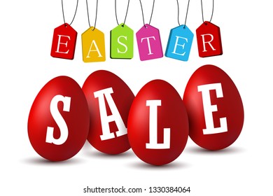 Easter egg text sale. Happy Easter eggs 3D template isolated on white background. Design banner, greeting poster, promotion, holiday decoration, special offer. Label tag discount Vector illustration